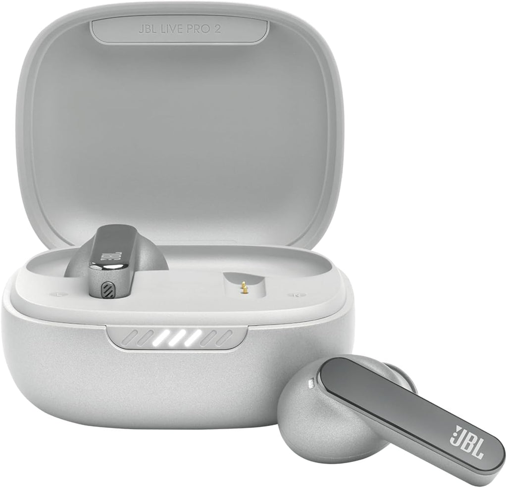 JBL Live Pro 2 - True Wireless Noise Cancelling Earbuds, up to 40 Hours of Playback with Wireless Charging, 6 mics for Perfect Calls, Touch & Voice Control, IPX5 Water Resistant (Silver)