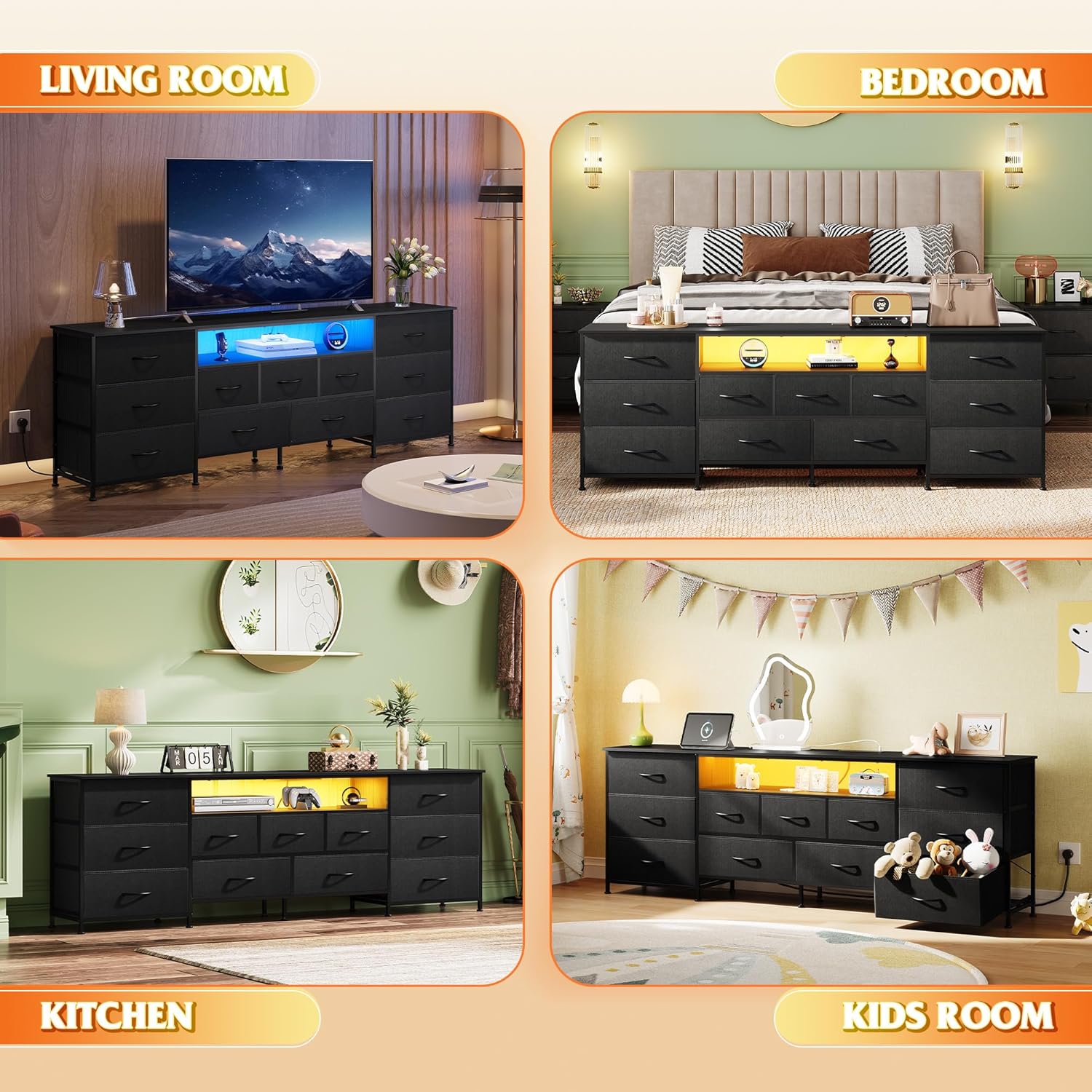 WLIVE 75.5" TV Stand for 65, 75, 80, 85 Inch TV, Dresser for Bedroom with Power Outlets & LED Lights, 11 Drawer Fabric Dresser with Open Shelves, Entertainment Center with Storage, Black