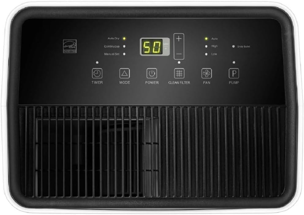 Hisense 50 Pint Dehumidifier 300 sq. ft Slide-out Bucket with Easy-carry Handle, 3 Speeds (Lo, Hi, Auto), Up to 4500 sq ft., Auto shut-off, Quiet 48 dB, 115v, - DH5023KP (Renewed)