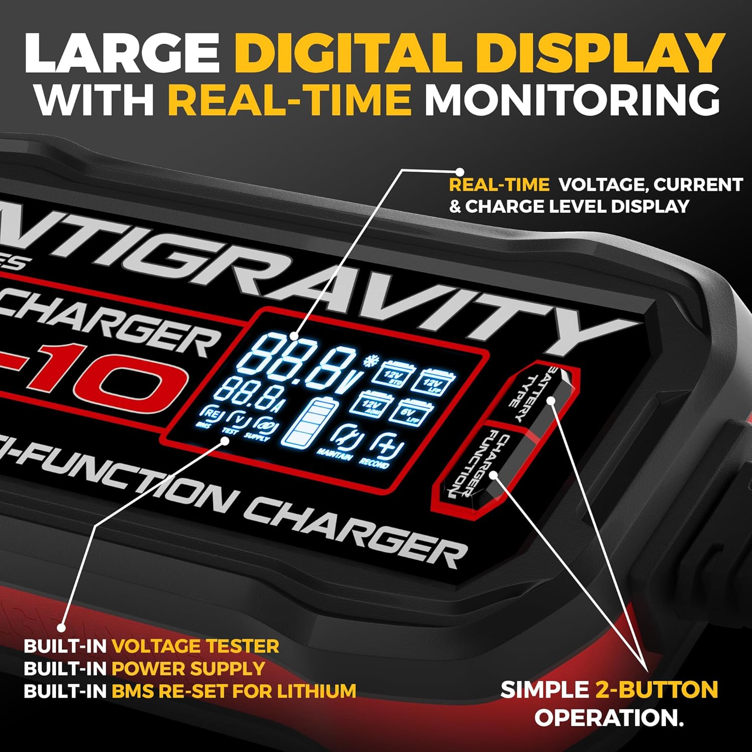 Antigravity SC-10 Super-Charger 10A Smart Battery Charger & Maintainer for 6V/12V Lithium (LiFePO4) & 12V Lead-Acid Batteries – Wall-Powered, LCD Display, Power Supply Mode, BMS Reset