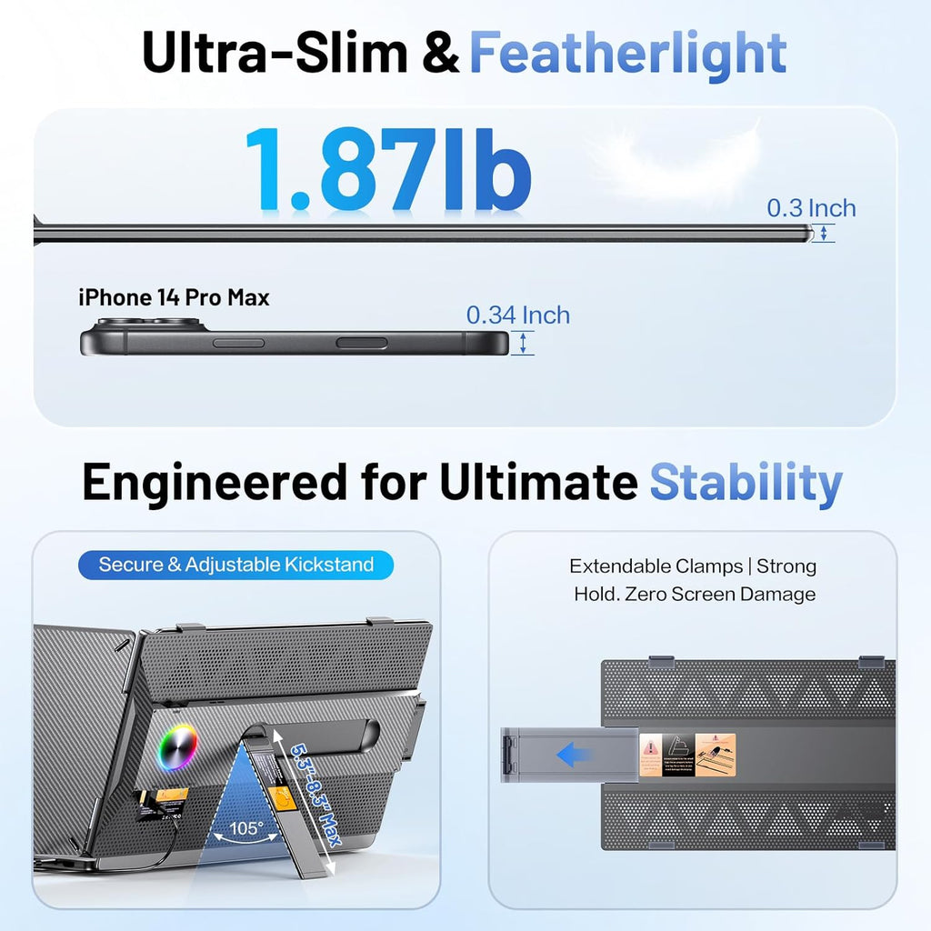 Laptop Screen Extender, 14” FHD 1080P Portable Monitor for Laptop with 100% sRGB, Dual Screen Extender for Laptop 13–17.3”, Plug & Play External Monitor, Business Travel & Home Office