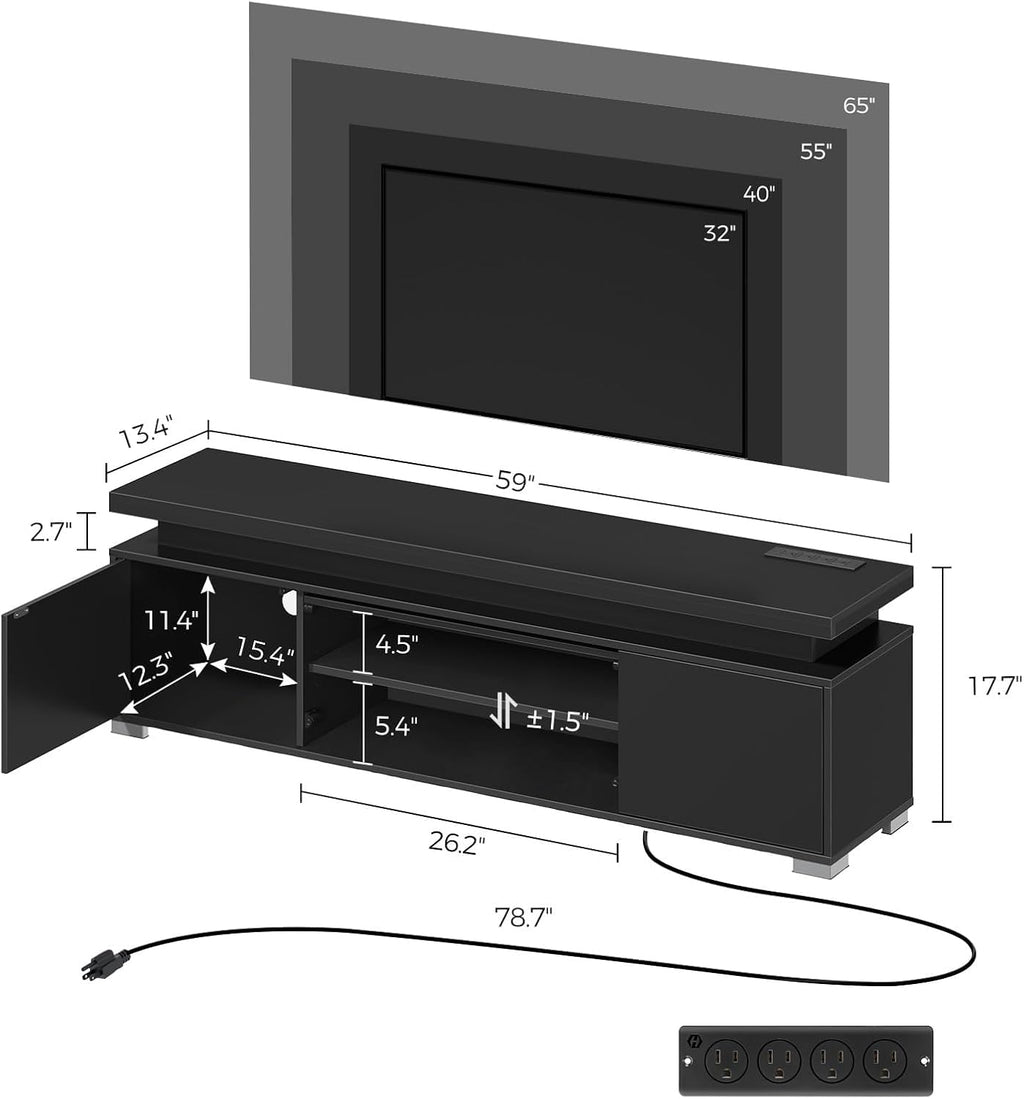 Rolanstar TV Stand with Power Outlet & LED Lights, Modern Entertainment Center for 32/43/50/55/65 Inchs TVs, TV Table, Universal Gaming LED TV Media Stand with Large Storage Cabinet, Black
