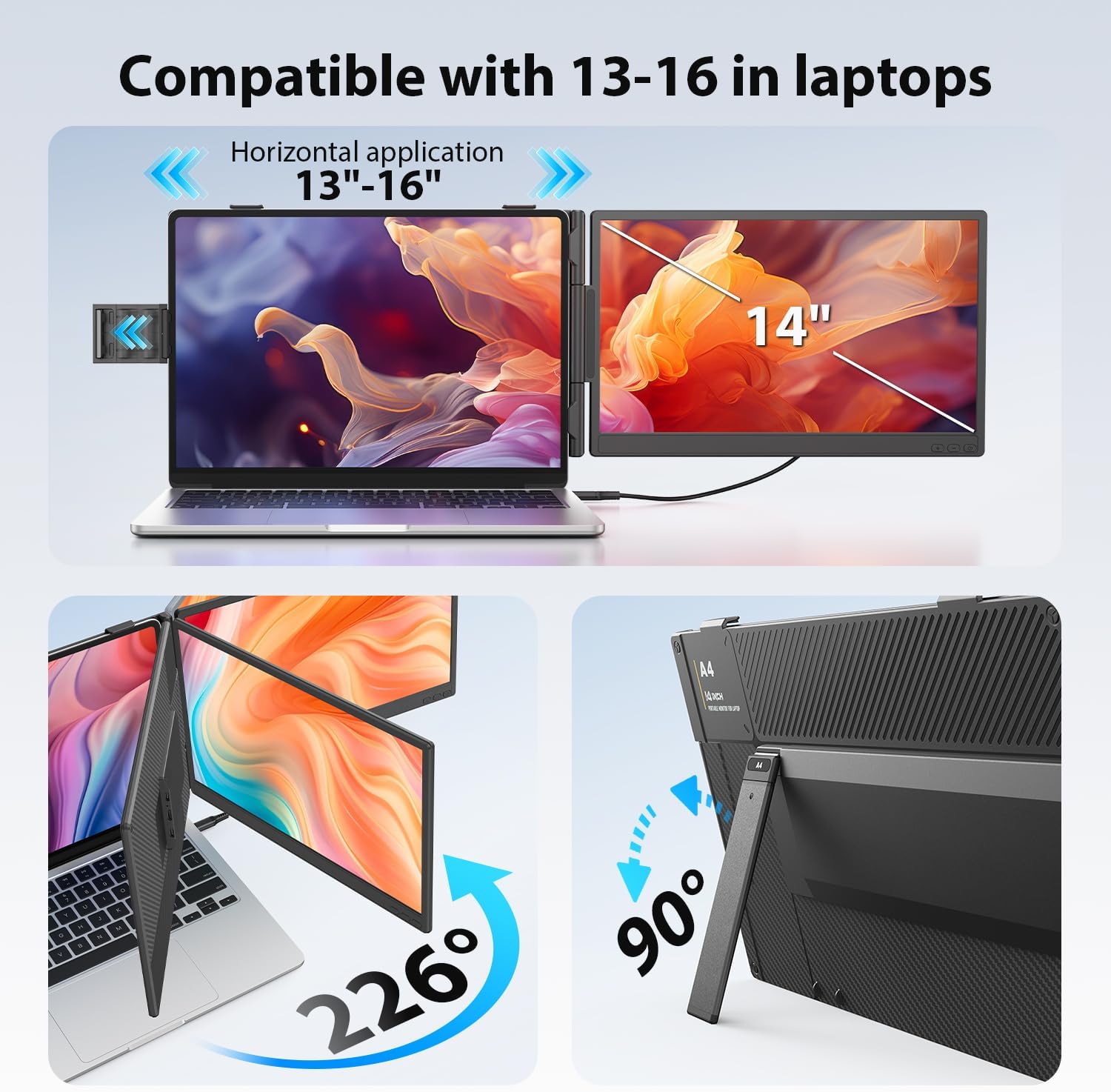 APILDELLA 14'' Dual Laptop Screen Extender, 1080P FHD Laptop Extended Monitor Portable with Speaker, Plug-Play Second Monitor for 13-16'' Laptops, Work with Mac, Window, Chrome
