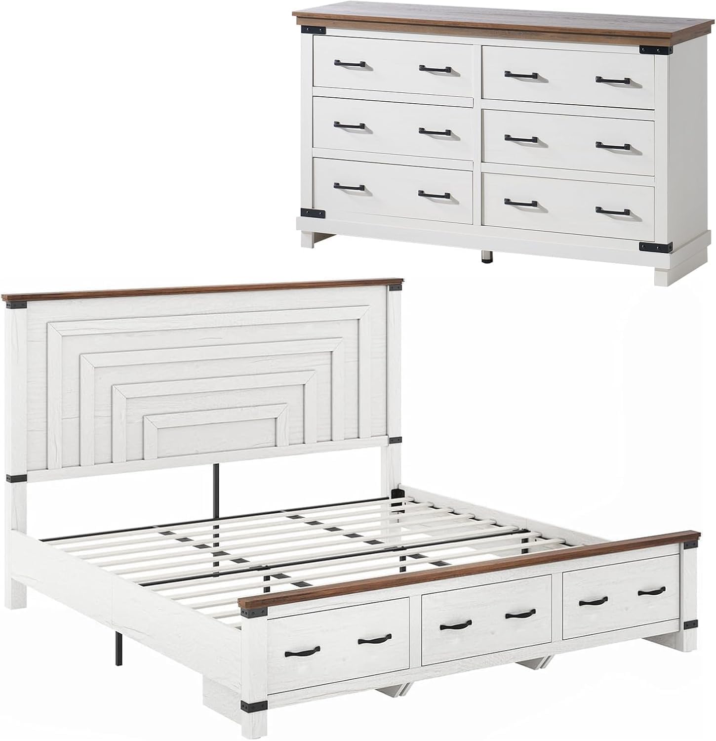 AMERLIFE Farmhouse 2-Pieces Wood Bedroom Set, Including Rustic King Size Bed Frame with 51" Tall Headboard, 6 Drawers Large Dresser Chests, Heavy-Duty Thick Plank Styling, Antique White