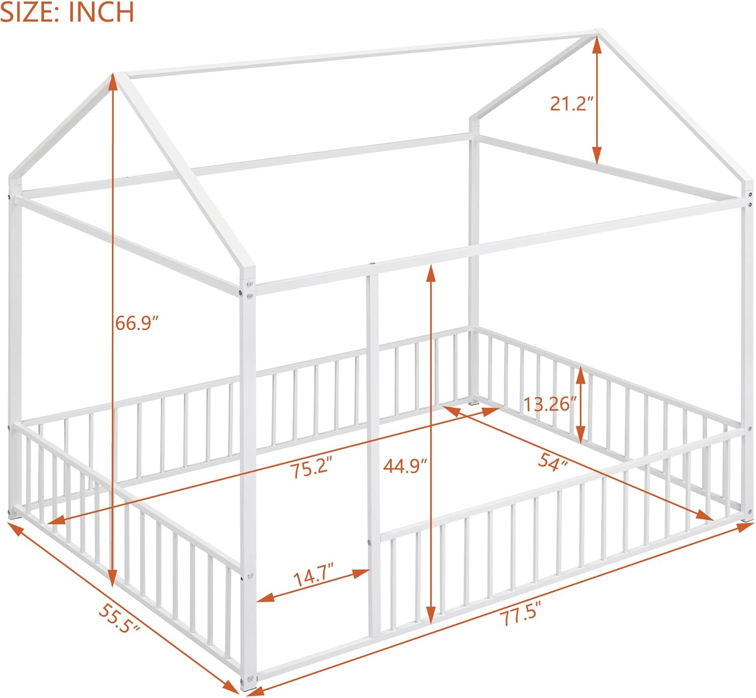 Bellemave Full Size House Floor Montessori Bedframe with Rails and roof, Metal House Bed for Kids, Montessori Floor Beds for Kids White