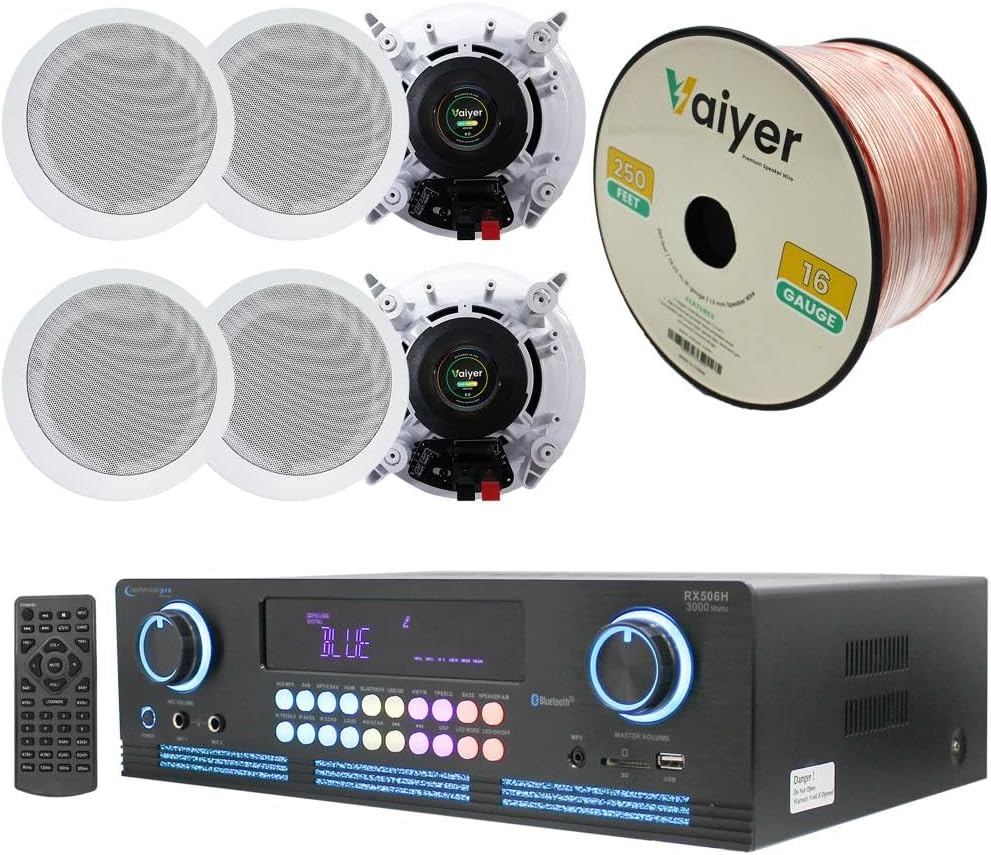 Home Theater System Kit 2000 Watts Bluetooth Amplifier with 6 Qty 6.5" 200 Watts in-Wall in-Ceiling Speakers & 16 Gauge 250 ft. Speaker Wire by Technical Pro