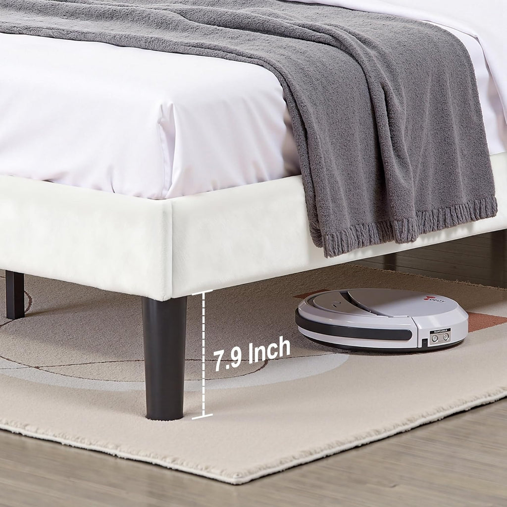 VECELO Queen Size Bed Frame with Velvet Upholstered Headboard, Platform Bedframe Mattress Foundation, Sturdy Wooden Slats Support,No Box Spring Needed Noise Free/Easy Assembly, Off White