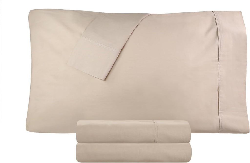 Superior 300 Thread Count Cotton Percale Sheet Set, Silky-Soft, Cooling Sheets, Bedding Basics, Breathable Sheets, 1 Elastic Deep Pocket Fitted Sheet, 1 Flat Sheet, 2 Pillowcases, Full, Tan