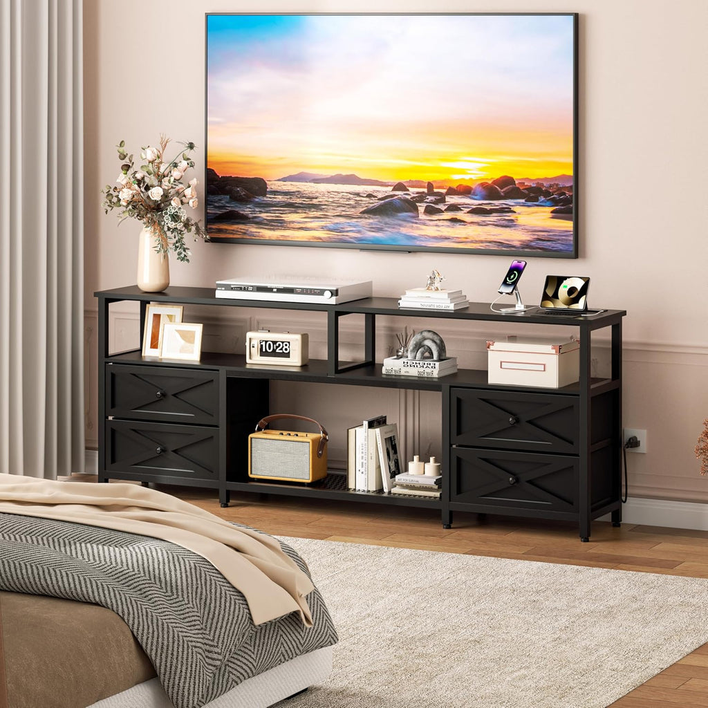 JUSTOGO TV Stand with Fabric Drawers for 65 70 75 Inches TV - Entertainment Center with Open Storage Shelf, Power Outlets & LED Lights for Living Room, Bedroom, 63" TV Console Media Console, Black