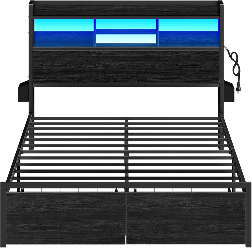 Furnulem Full Size Bed Frame with Wood Headboard, Metal Platform Bed Frame Full Size with 2 Storage Drawers and Shelf, LED Lights and Charging Station, No Box Spring Needed, Noise Free, Black