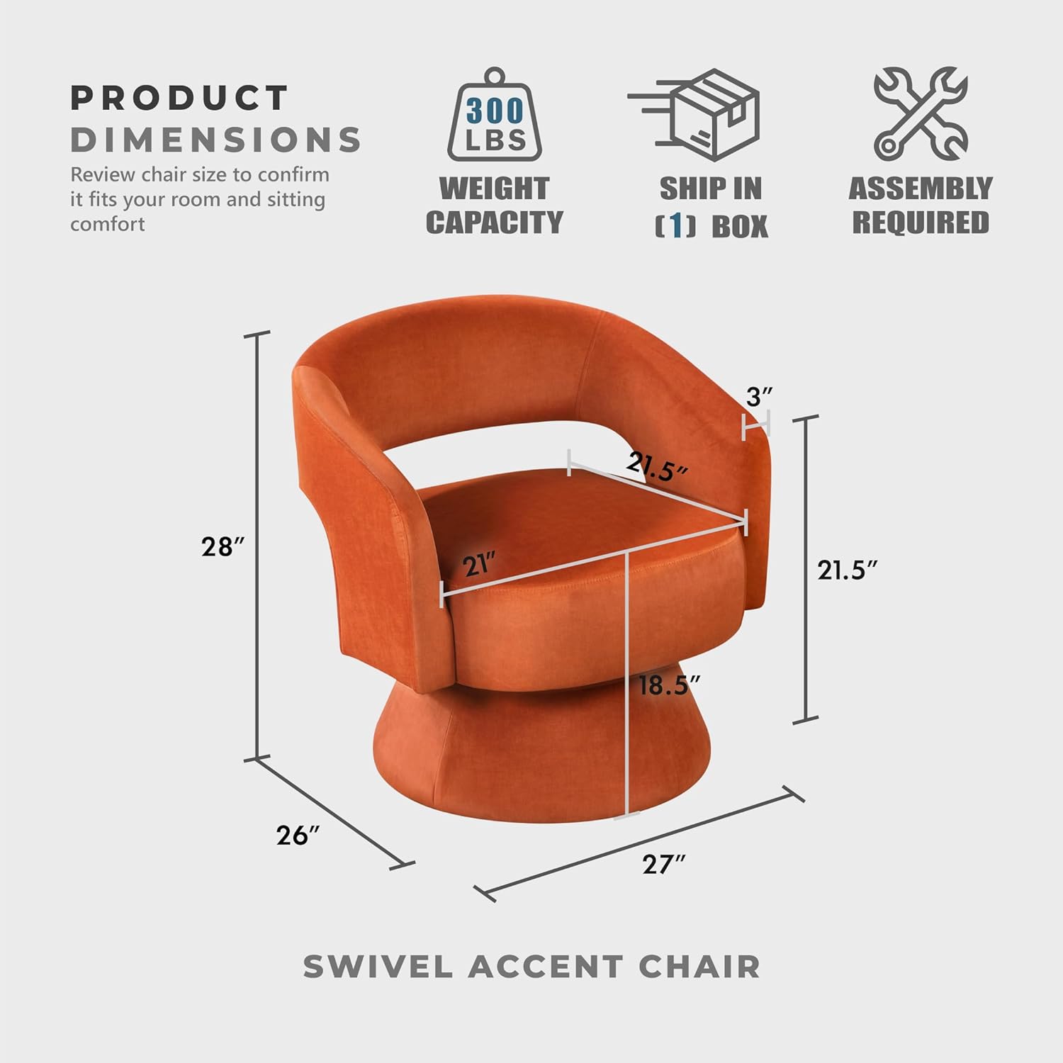 Lexicon 360 Degree Swivel Accent Chair, Modern Comfy Velvet Round Barrel Chair, Open Back, Plush Foam Cushions, Metal Swivel Base for Living Room/Bedroom/Office/Small Spaces, Orange