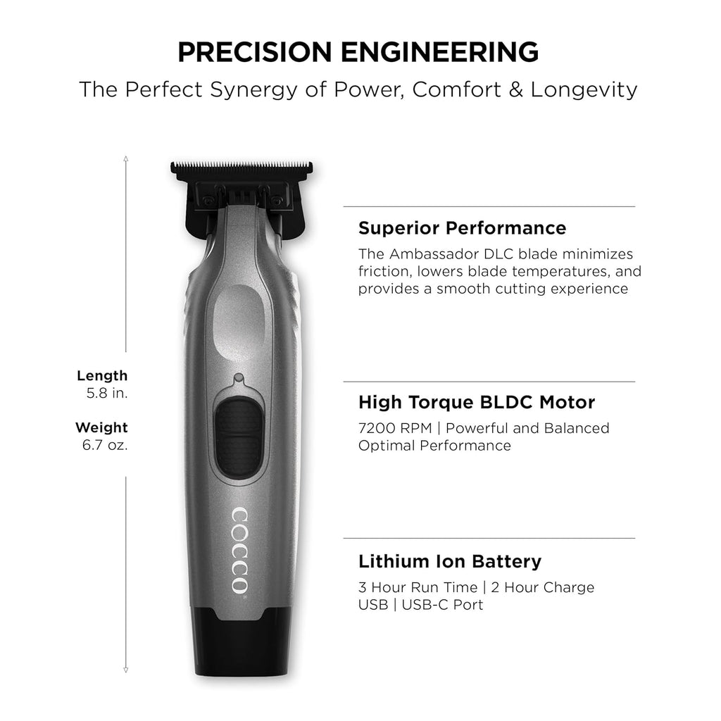 Cocco Veloce Pro Trimmer, Digital Gap Ambassador DLC Blade Edger, High-Torque Brushless BLDC Motor, Cordless, All-Metal Design, Lithium-Ion Battery, Charging Base Included,