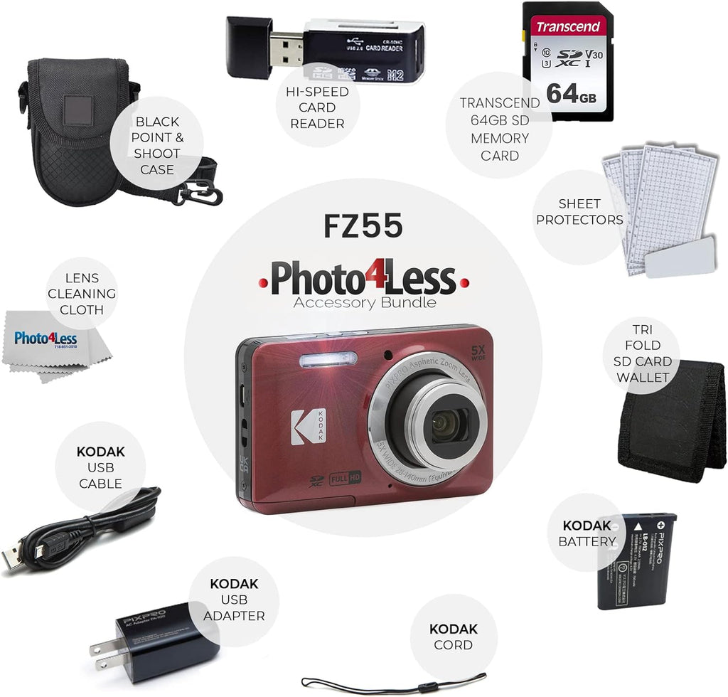 Kodak PIXPRO FZ55, 16MP 28mm Wide-Angle Digital Camera (Red) + Accessories Bundle