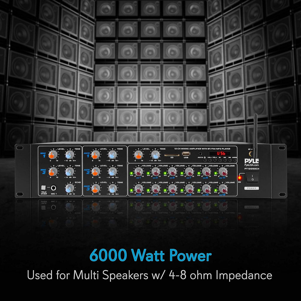 Pyle 12-Channel Wireless Bluetooth Power Amplifier - 6000 Watts Maximum Power Output, Multi-Zone Audio Source Mixer Receiver with USB, SD, AUX Inputs, and Digital LED Display Panel - PT12050CH.5