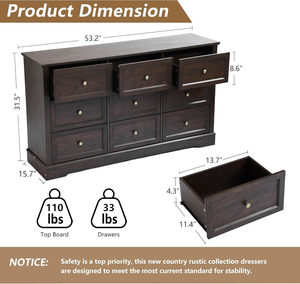 LOUVIXA Farmhouse Bedroom Sets of 4, 4Pcs Farmhouse Dresser Set .Including 9 Drawer Dresser, 5 Drawer Dressers and Nightstand Set of 2 with Charging Station (Brown Sets, 4 Pieces)