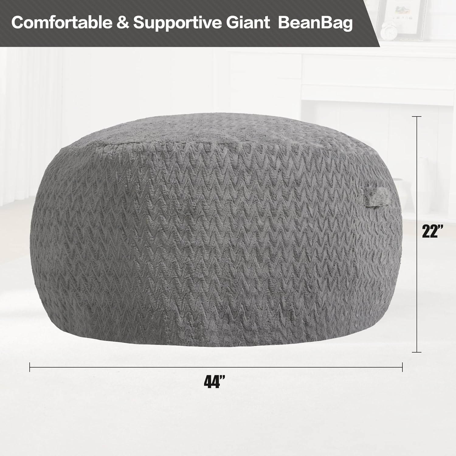 Hobestluk 4ft Bean Bag Chairs for Adults Large Beanbag Chair with Chevron Plush Fur Cover Big Bean Bag Chair for Living Room Bedroom Dorm Office - Grey (44” x 44” x 24”)