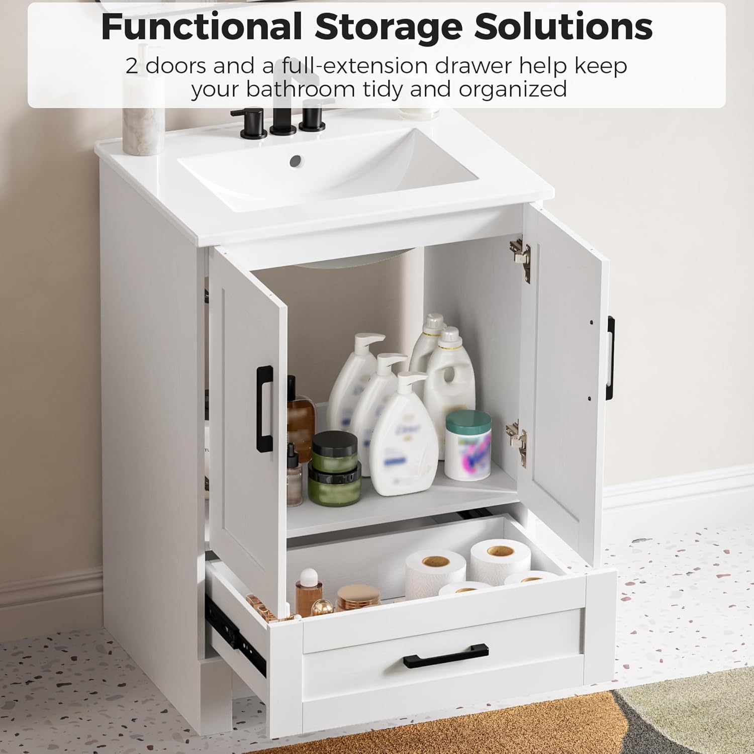 IRONCK 24" Bathroom Vanity with Sink, Freestanding Bathroom Cabinet Vanity with Soft-Close Doors & Storage Drawer, Modern Design for Small Bathrooms, Undermount Ceramic Sink, Easy Assembly, White