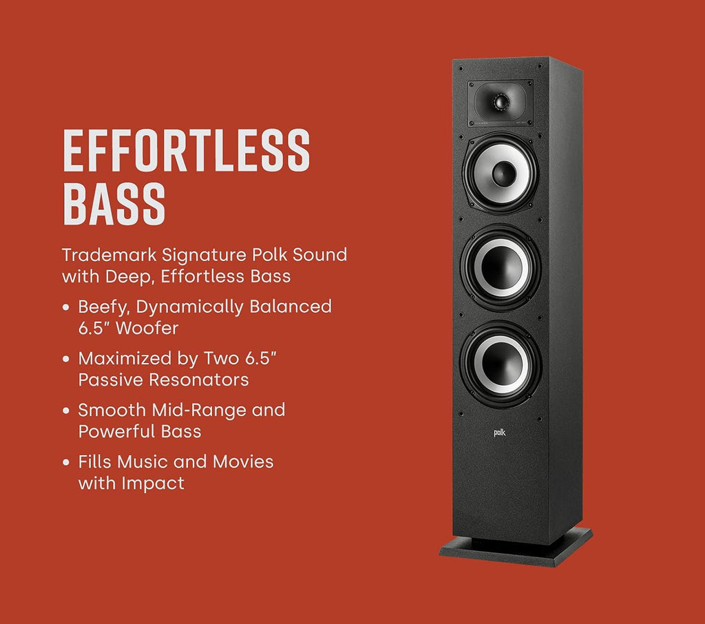 Polk Monitor XT60 Tower Speaker - Hi-Res Audio Certified, Dolby Atmos, DTS:X & Auro 3D Compatible, 1" Tweeter, 6.5" Dynamically Balanced Woofer, (2) 6.5" Passive Radiators (Single, Midnight Black)