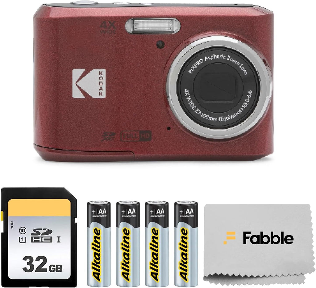 KODAK PIXPRO FZ45 16MP Digital Camera with 4X Optical Zoom 27mm Wide Angle and 2.7" LCD Screen Bundle with 32GB SD Memory Card, AA Batteries (4 Pack), Lens Cleaning Cloth (Red)