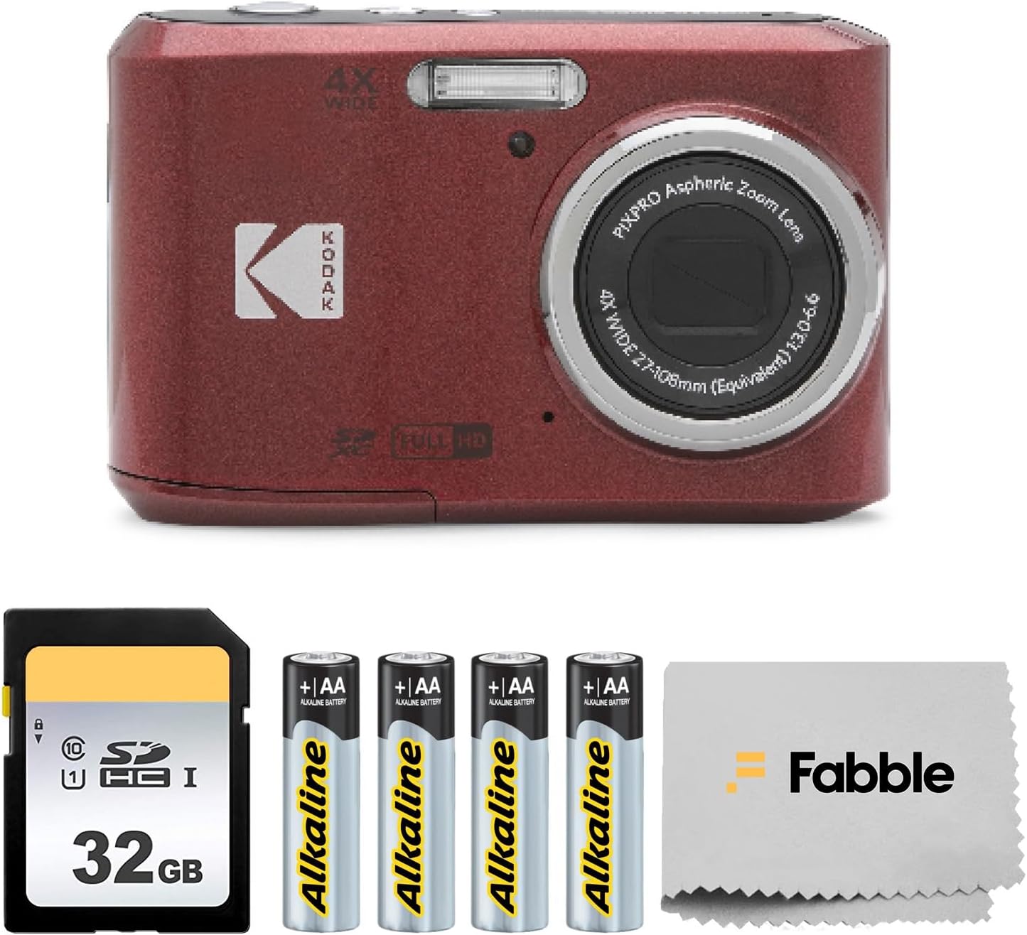 KODAK PIXPRO FZ45 16MP Digital Camera with 4X Optical Zoom 27mm Wide Angle and 2.7" LCD Screen Bundle with 32GB SD Memory Card, AA Batteries (4 Pack), Lens Cleaning Cloth (Red)