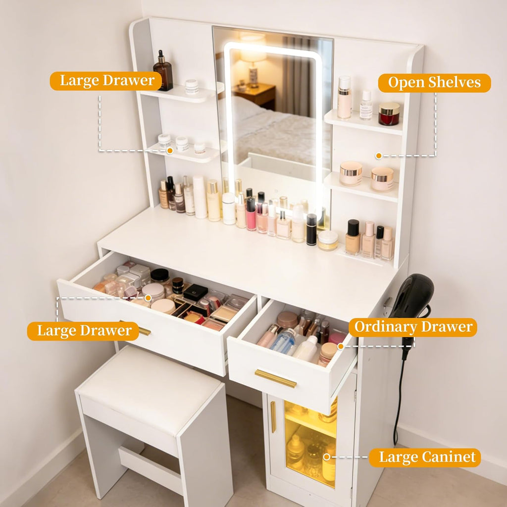 White LED Vanity Table with Three-Color Adjustable Light HD Mirror, USB Charging Port,Leather Stool, Double-Layer Acrylic Cabinet with Ambient Lighting,and Makeup Table with Drawer Storage