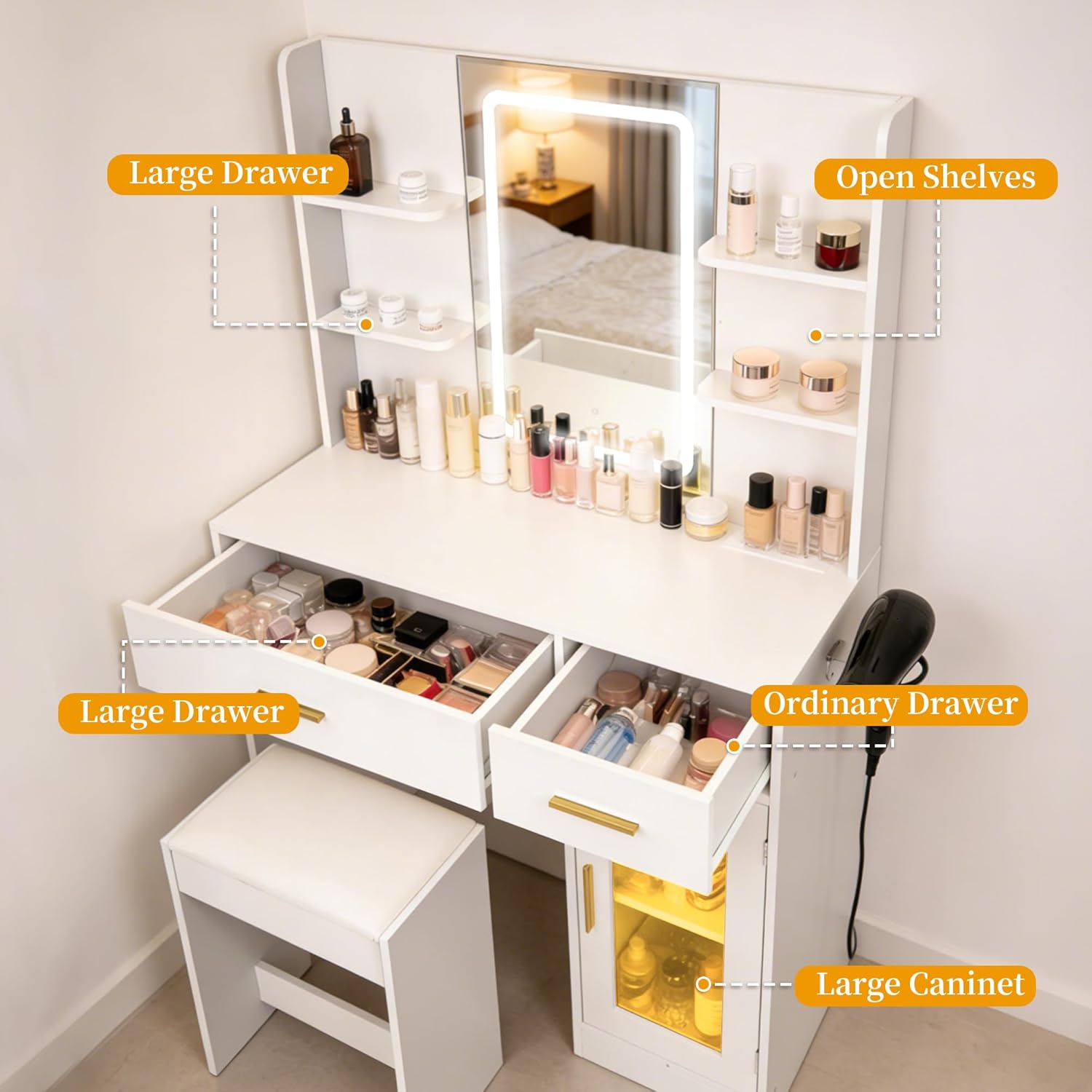 White LED Vanity Table with Three-Color Adjustable Light HD Mirror, USB Charging Port,Leather Stool, Double-Layer Acrylic Cabinet with Ambient Lighting,and Makeup Table with Drawer Storage
