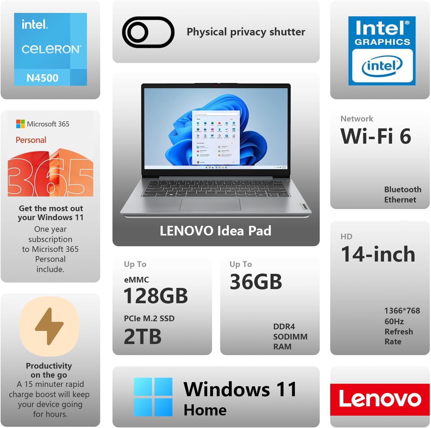 Lenovo IdeaPad 1 Everyday Laptop, 14" HD Display, 8GB RAM, 384GB Storage(128GB eMMC + 256GB PCIe), 1 Yr Office 365 Included, Intel Core Processor, Win 11 Home, Bundle with Thunderobot Wireless Mouse