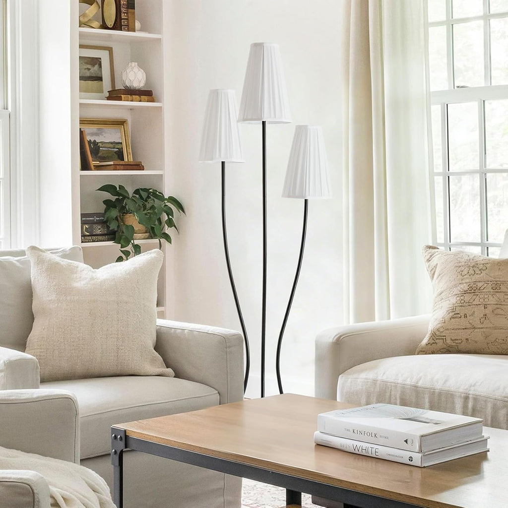 ZenGlimmer Sculptural Vintage Floor Lamp, 3-Light Standing Lamps with Curved Iron Base & Octagonal Linen Pleated Shades, Statement Lighting for Living Room, Bedroom, Studio (Pleated Fabric Shade)