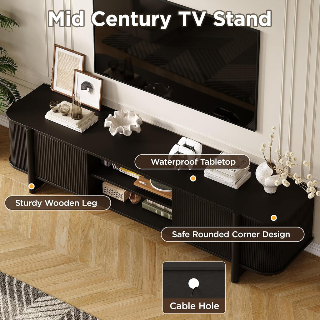 Vabches 70" Mid Century TV Stand for TVs up to 80 Inch,Fluted Entertainment Center with Storage and Adjustable Shelves,Modern Media Console Table for Living Room,Bedroom,Black