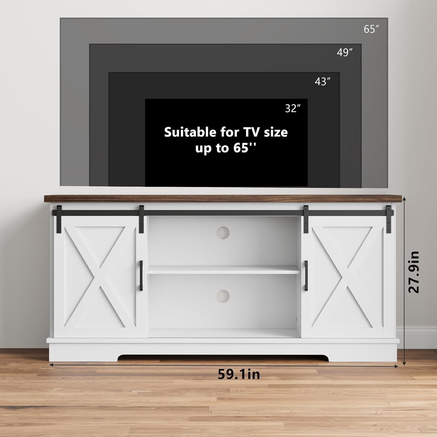 IDEALHOUSE Farmhouse Tv Stand for 65 inch TVs, Entertainment Center with Sliding Barn Doors and Adjustable Shelf, Modern Storage Media TV Console TV Stand Table for Living Room, Bedroom, White & Brwon