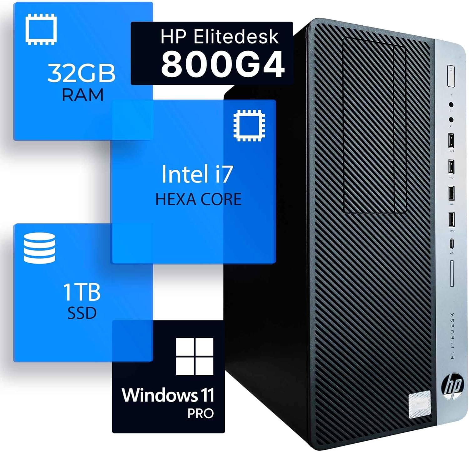 HP EliteDesk 800G4 Tower Desktop Computer | Hexa Core Intel i7 (3.4) | 32GB DDR4 RAM | 1TB SSD Solid State | Windows 11 Professional | Home or Office PC (Renewed), Black