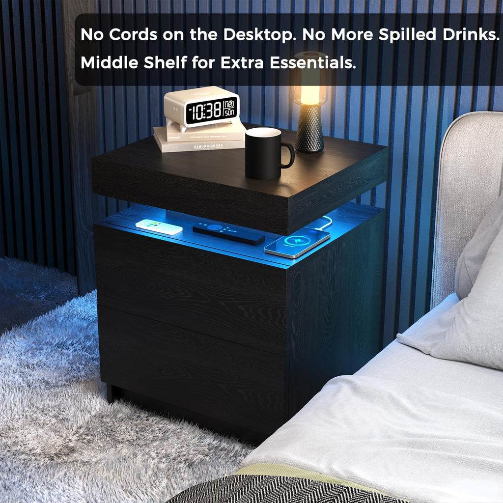 LED Nightstands Set of 2, Modern Black Night Stand End Tables with APP & Remote Control LED Lighting, 2 Drawers, Open Shelf Storage, Bedside Tables for Bedroom and Living Room