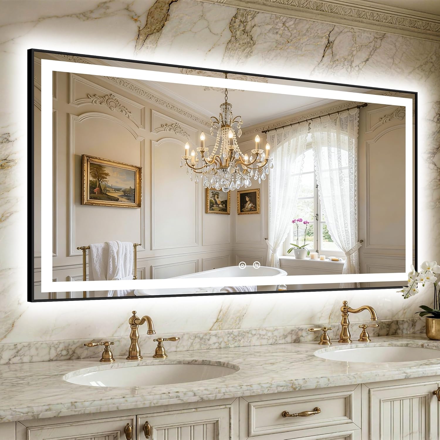 LED Bathroom Mirror with Lights, Black Framed Lighted Vanity Mirror, Front & Backlit, 55"x30", Anti-Fog, Dimmable 3 Color Temperature, Memory, Shatterproof Tempered Glass