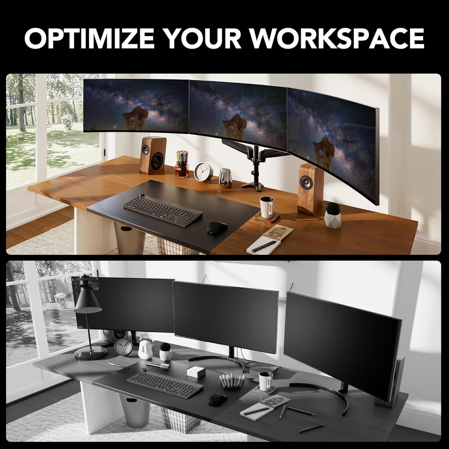 HUANUO Triple Monitor Mount for 17 to 32 inch Screens, Adjustment Gaming Triple Monitor Stand with Swivel, Tilt, Rotation, Clamp & Grommet Kit