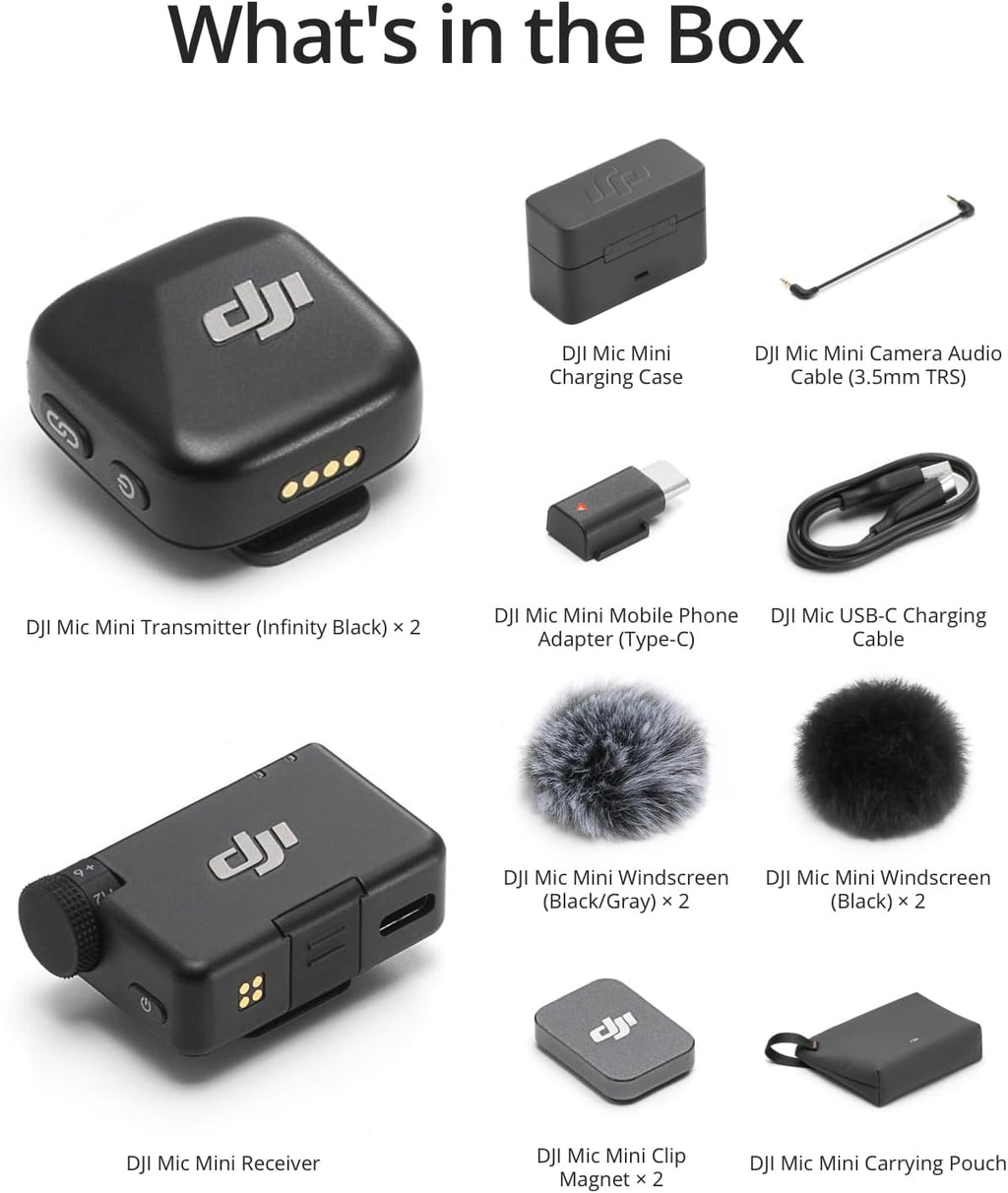 DJI Mic Mini (2 TX + 1 RX + Charging Case) Wireless Lavalier Microphone, Ultralight, Noise Cancelling, Up to 48-Hour Battery Life Bundle with 2 x Deco Gear Lapel Microphone and 5" EVA Case