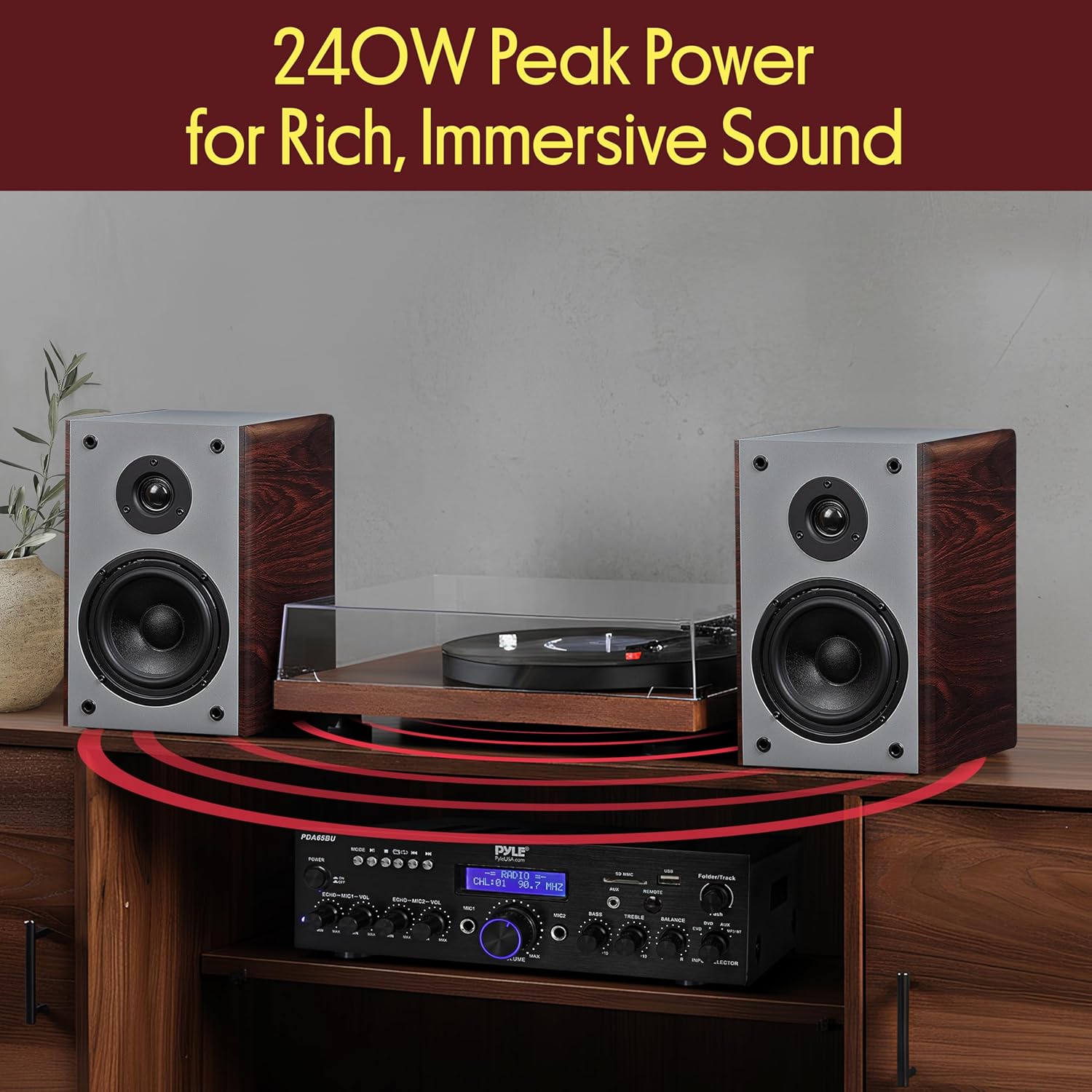 Pyle 6.5" Home Audio Speakers, 2-Way Passive Bookshelf, 240W Max Power, 1" Silk Dome Tweeter, Composite Woofer, Gold Plated 5 Way Binding Post, Rubber Surrounds, Beautiful Wood Grain Finish - Pair