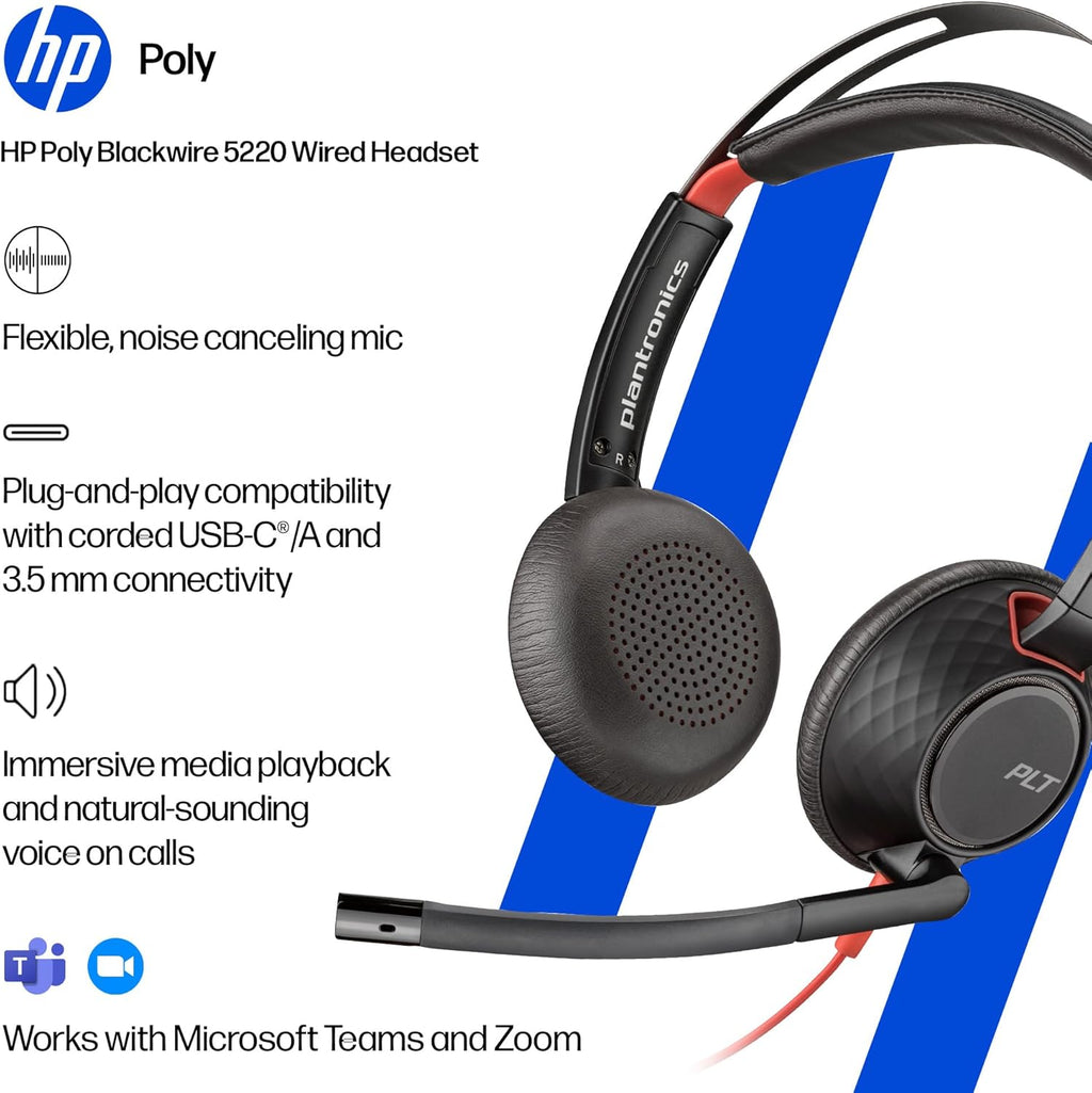 Poly Blackwire 5220 Wired Headset - Flexible Boom Mic - Noise Cancelling Headphones with Mic - USB-C, USB-A, 3.5mm - Ergonomic Over-Ear Design - Works with Microsoft Teams, Zoom - Work from Home