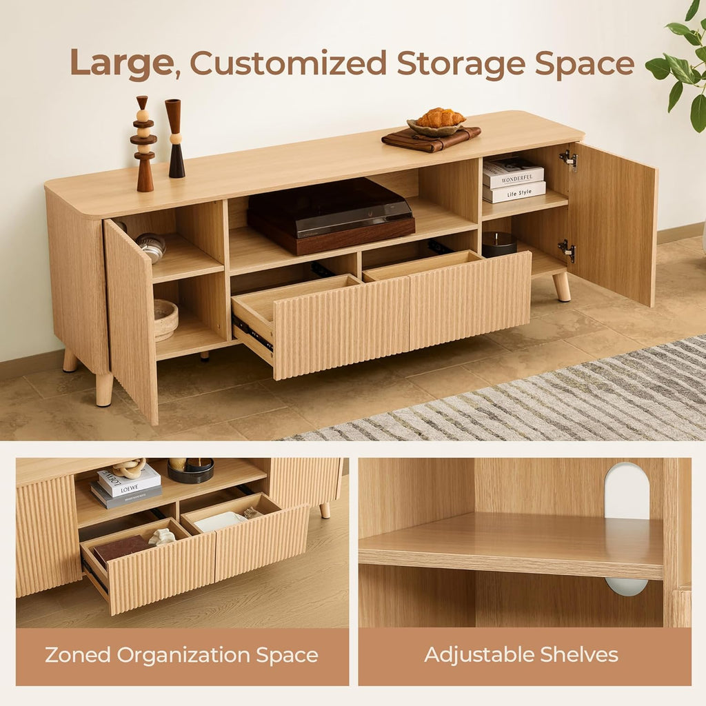 CHITA TV Stands for Living Room, Mid Century Modern TV Stand for 80 inch TV with Storage, Drawers, Adjustable Shelves, Oak