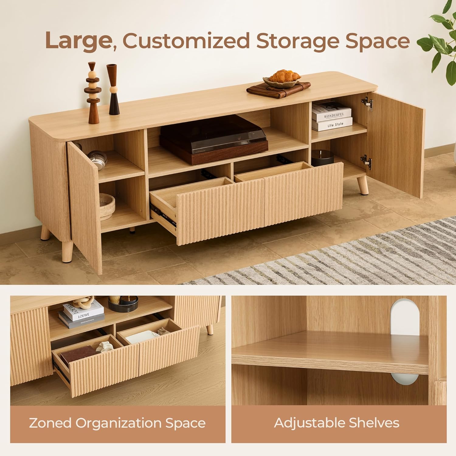 CHITA TV Stands for Living Room, Mid Century Modern TV Stand for 80 inch TV with Storage, Drawers, Adjustable Shelves, Oak