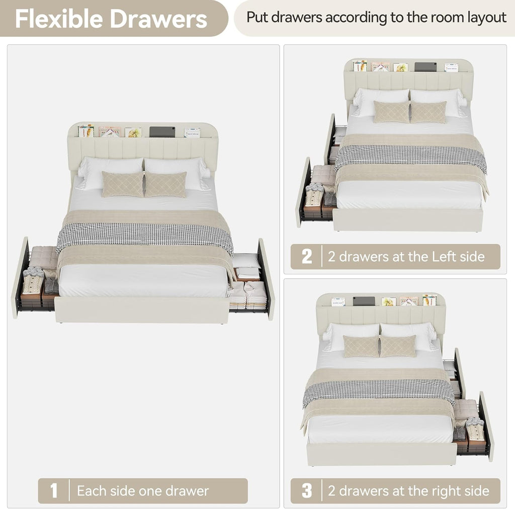 Garvee Full Size Bed Frame with 2 Flexible Drawers, Boucle Upholstered Platform Bed Frame with Bookcase Headboard, Bedframe for Kids/Girls, Easy Assembly, No Box Spring Needed, Noise Free, Beige