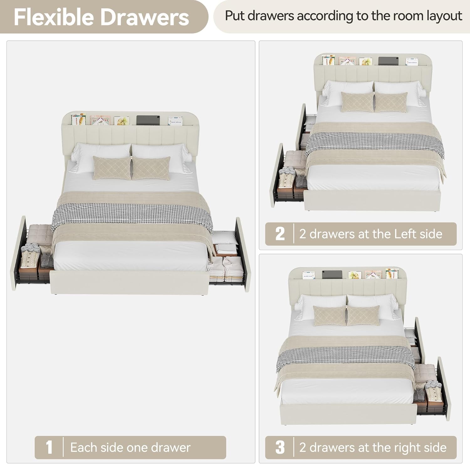 Garvee Full Size Bed Frame with 2 Flexible Drawers, Boucle Upholstered Platform Bed Frame with Bookcase Headboard, Bedframe for Kids/Girls, Easy Assembly, No Box Spring Needed, Noise Free, Beige