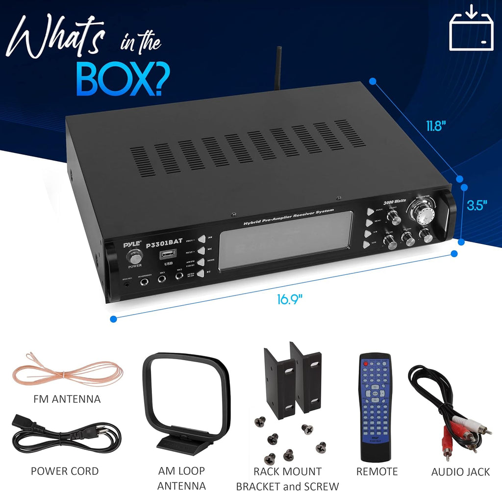 Pyle Bluetooth Home Stereo Amplifier - Hybrid Multi-Channel 3000 Watt Power Amplifier Home Audio Receiver System w/ AM/FM Radio, MP3/USB,AUX,RCA Karaoke Mic in - Rack Mount, Remote - P3301BAT