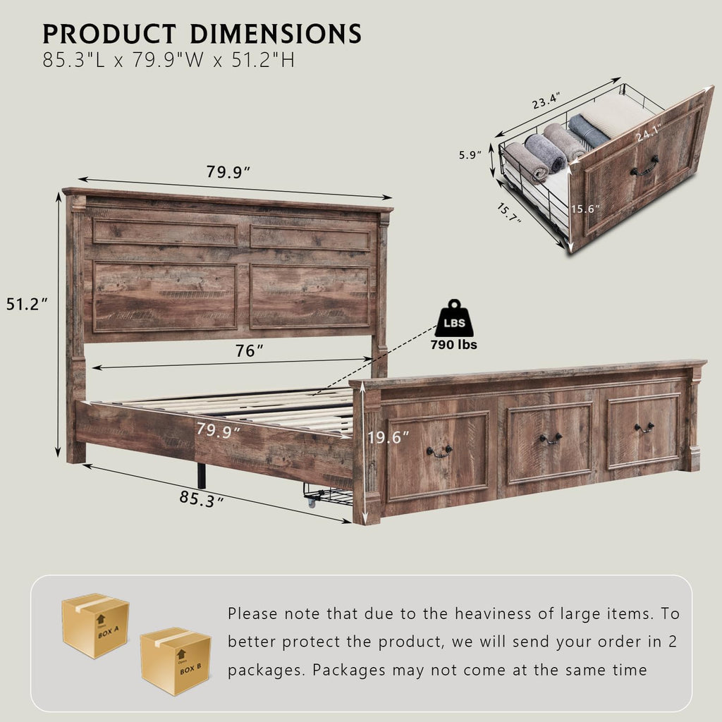 Aitjunz Farmhouse King Size Bed Frame with 51" Tall Headboard, Wood Platform Bed Frame with 20" Tall Roman Column Decoration Footboard & 3 Large Storage Drawers, No Box Spring Needed (Light Brown)
