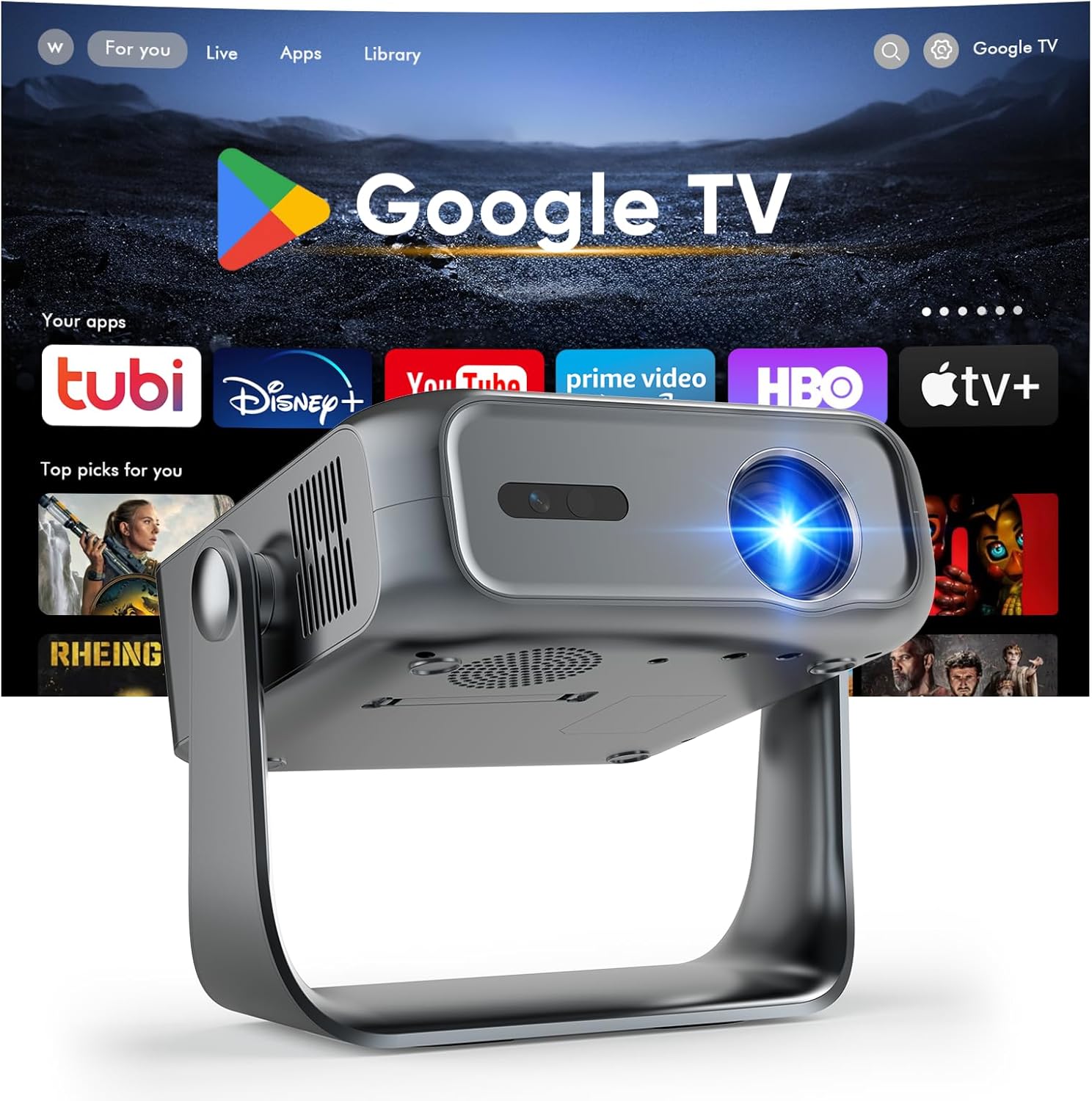 Smart Outdoor Projector with WiFi and Bluetooth, Officially-Licensed Apps, 4K Support Portable Movie Projector, Electric Focus & Auto Keystone, 210° Rotatable Stand, Mini Proyector for Home Theater