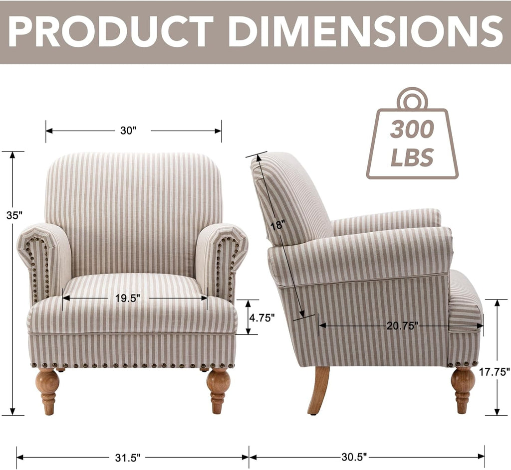 Khaki Striped Linen Fabric Accent Chairs Set of 2, Modern Farmhouse Upholstered Armchairs with Nailhead Trim & Ball Turned Legs, Cottage Club Chairs for Living Room Bedroom Guest Room