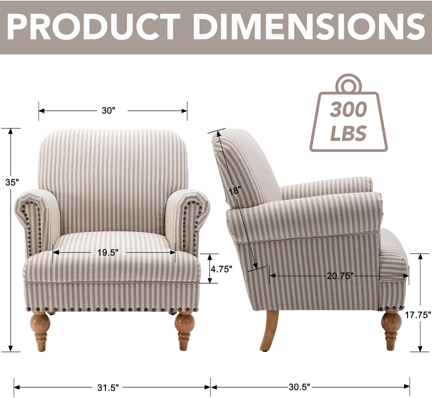 Khaki Striped Linen Fabric Accent Chairs Set of 2, Modern Farmhouse Upholstered Armchairs with Nailhead Trim & Ball Turned Legs, Cottage Club Chairs for Living Room Bedroom Guest Room