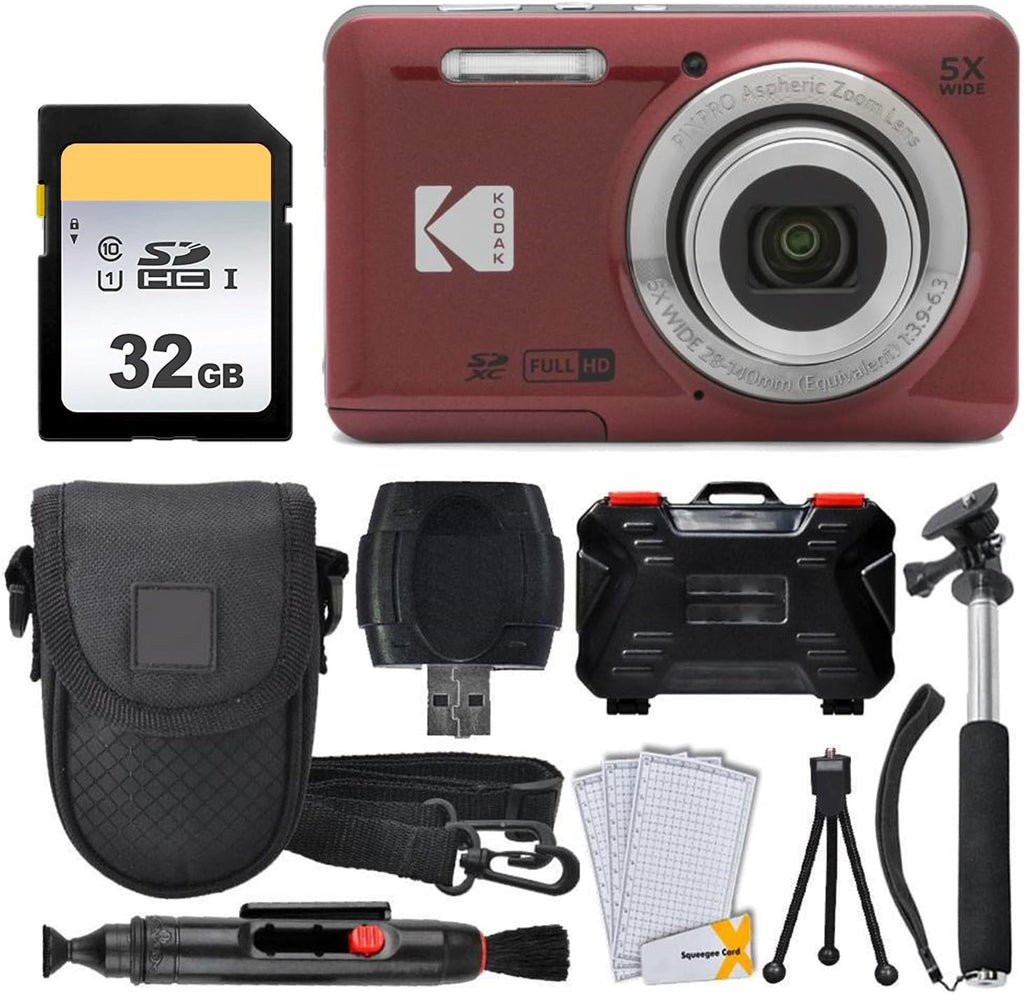 Kodak PIXPRO FZ55 Digital Camera (Red) + 32GB Memory Card + Point and Shoot Camera Case + Extendable Monopod + Lens Cleaning Pen + LCD Screen Protectors + Table Top Tripod Ultimate Bundle