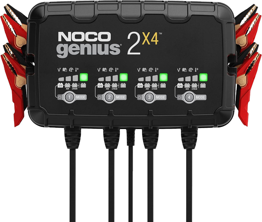 NOCO GENIUS2X4: 8A 4-Bank Smart Battery Charger (2A/Bank) - 6V/12V Automatic Maintainer, Trickle Charger & Desulfator with Overcharge Protection & Temperature Compensation – for Lead-Acid & Lithium