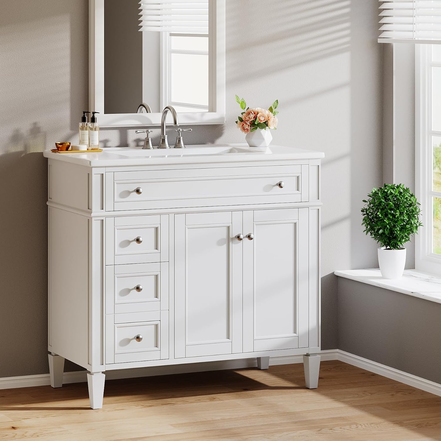 Tribesigns 36" Bathroom Vanity with Sink, Modern Bathroom Sink Cabinet with 4 Drawers & 2 Doors, Bath Storage Vanity Sink with Metal Handles, Solid Wood Frame, Paint Surface White