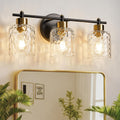 Bathroom Light Fixtures with Hammered Glass, 21.2" 3 Light Farmhouse Vanity Lights for Bathroom, Rustic Black and Gold Vanity Lighting Fixtures Over Mirror Makeup Room